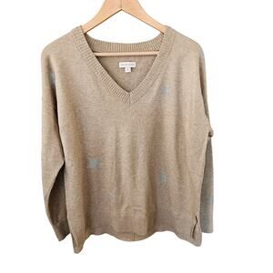 Women's XL Knox Rose Sweater Tan V-Neck With Silver Stars